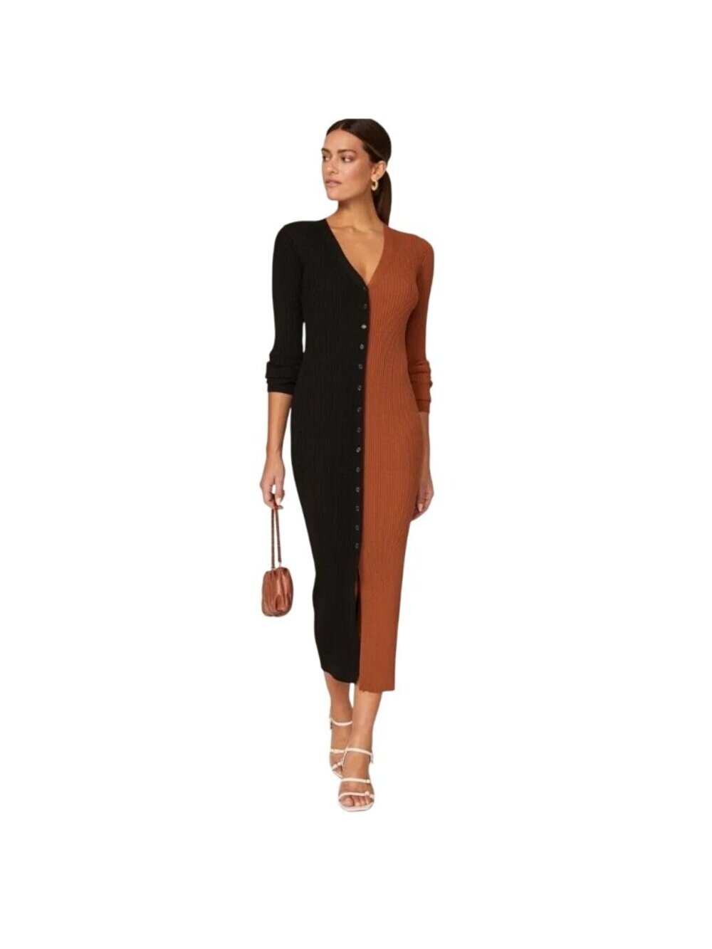 Staud Shoko Black Brown Colorblock Ribbed Sweater Midi Dress Womens Size XSmall